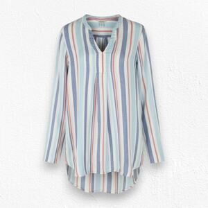 L.L. Bean 100% Linen Blue White Stripe Tunic Long Sleeve Summer Shirt Size Small